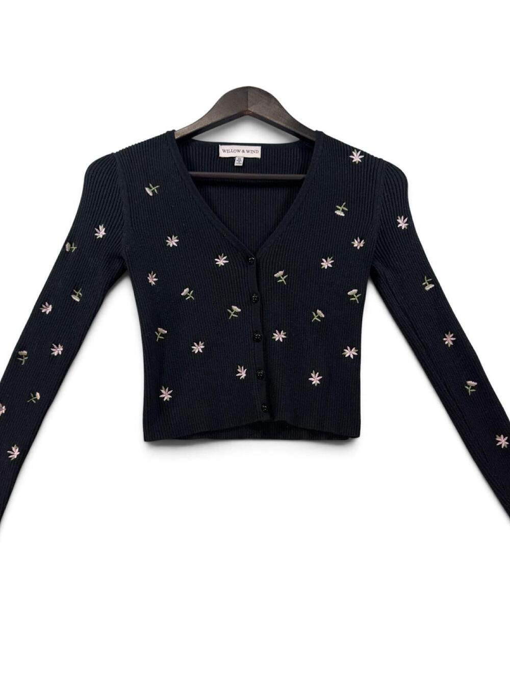 Willow & Wind Black Floral Embroidered Cardigan – Size XS